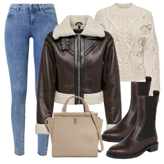 Cowgirl Outfit sa Tamnosmeđa/Smeđa/Vinski Crveno Čizmica Chelsea Gležnjača/Čizma za Jahanje/Kožna Jakna/Ravna Gležnjača Karolina Kurkova Originals "Outfit za zimu"Look: Elegantan, Prekrasan, Cowgirl, Duckfeet, Talijanski, Unisex, Western, cool
