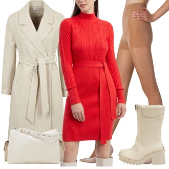 Outfit s Červená Zimní Pletené Šaty/Svetrové Šaty/Dlouhé pletené šaty orsay "Outfity na zimu"