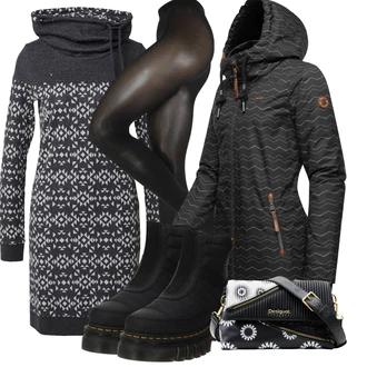 Norský vzor Outfit s Šedá/Černá/Tmavě šedá Mikinové Šaty/Pletené Šaty/Zimní šaty s dlouhým rukávem/Svetrové Šaty/Šaty S Rolákem/Zimní Pletené Šaty Ragwear "Outfity na zimu"