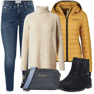 Outfit s Modrá/Světle modrá/Tmavě modrá Zkrácené Džíny/Push up Džín/Džíny s Rozparkem/Kožené Boty/Slim Fit Džíny/Navlékací džíny/Kotníková Bota/Termální Džíny/Kožená bunda/Dámské Džíny s Délkou 7/8/High Waist Džínové Kalhoty/Zimní bunda/Capri Džíny Calvin Klein "Outfity na zimu"