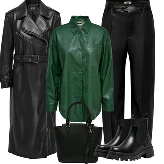 Lak Outfit s ?erná Koza?ka Chelsea Boty/Ko?ená bunda/Plochá Kotníková Bota/Gumová Kotníková Bota Only "Outfity na zimu"Look: Lak, ?ik, Estetika, S Mokrým Vzhledem, Elegantní, Trendový, Unisex, Metal, Glamourové