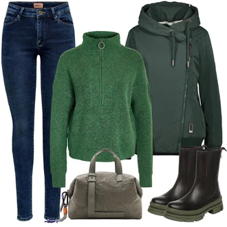 Outfit s Zelená/Tmavě zelená Krabice bunda/Termo Bund/Merino bunda/Bunda 2v1/Funkční Bunda/Bunda s Kapucí/Bunda s Bočním Zipem/Udržitelná bunda/Snowboardová Bund Alife and Kickin "Outfity na zimu"