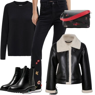 Outfity z džínu Zvonové kalhoty s Černá/Oranžová/Růžová Desigual "Outfity na zimu"