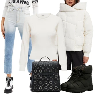 Zima Outfit s Černá Zimní kotníková bota/Zimní bota/Teniska Zimní Tenisky/Ovčí Kožešinová Bota/Vycpaná kozačka/Zimní kozačka z jehněčí kůže Guess "Outfity na zimu"