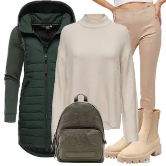 Outfit s Tmavě zelená/Zelená Zimní Kabát/Scuba Kabát/Kabát s Kapucí/Kabát se Zipem/Kabát s Úzkým Střihem/Dlouhý Zimní Kabát/Outdoorový kabát/Parka/Prošívaný kabát/Softshellový Kabát Ragwear "Outfity na zimu"