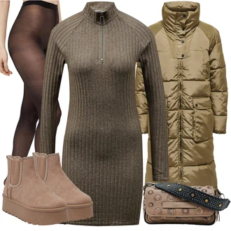 Podzim Outfit s Tmavě zelená/Šedá/Khaki/Hnědá Svetrové Šaty/Zimní Pletené Šaty/Pletené Šaty/Šaty S Rolákem Noisy may "Outfity na zimu"