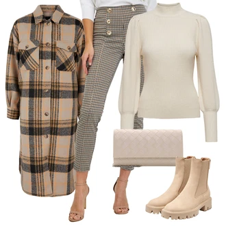 Výstřih na ramena Outfit s Hnědá/Béžová Bunda Dlouhé Bundy/Dřevorubecká Bunda/Podzimní Bunda/Vlněná Bund Pieces "Outfity na zimu"
