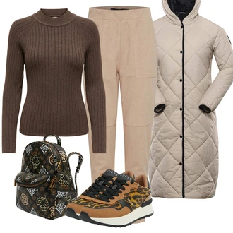 Outfit s Oranžová/Béžová/Hnědá/Žlutá Teniska s dírkovaným vzorem/Teniska na platformě/Kožené Tenisky/Nízká Teniska/Teniska teddy Guess "Outfity na zimu"