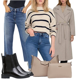 Outfit s Hnědá/Fialová/Béžová Taška Přes Rameno/Sportovní Taška Přes Rameno/Bagetová taška/Dopisová peněženka/Kosmetická Taštička/Pásková taška Guess "Outfity na zimu"