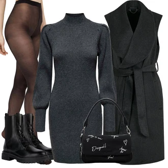 Outfit s ?edá/Tmav? ?edá/?erná Dlouhá Vest/Bl?zový svetr "Outfity na zimu"