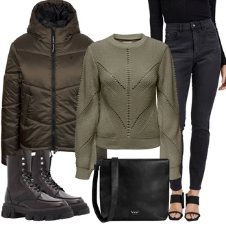 Outfit s Tmavě modrá/Černá/Tmavě šedá Kožená bunda/Zužující se Džíny/Motorkářské Džíny/Džíny s Rozparkem/High Waist Džínové Kalhoty/Zimní bunda/Kožené Boty/Push up Džín/Termální Džíny/Slim Fit Džíny orsay "Outfity na zimu"