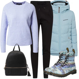 Outfit s Modrá/Lilové barvy/Vícebarevný/Světle Modrá Šněrovací Kotníková Bota/Bojová Bota/Kožená bunda/Klasická kozačka Dr. Martens "Outfity na zimu"