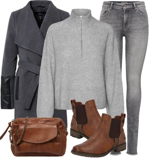 Outfit s Hnědá/Béžová Chelsea Boty/Kožená bunda/Plochá Kotníková Bota/Jezdecká Bota Mustang "Módní zimní outfit"