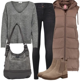 Boja Outfit sa Smeđa/Bež/Siva Čizmica Ravna Gležnjača/Chelsea Gležnjača/Gumena Gležnjača/Kožna Jakna Tamaris "Outfit za zimu"Look: Prekrasan, Seoskom Stilu, Ležerno, Vanjski, cool, Boja, Pametno ležerno