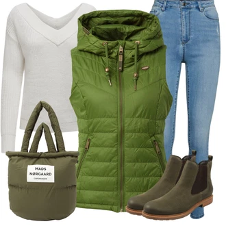 Outfit s Tmavě zelená/Zelená Zimní Bund/Outdoorové Bundy/Puchová Bund/Hybridní bunda/Bunda s Kapucí/Lyžařská bunda/Turistická bunda/Letní peřová bunda/Trekingová bunda Ragwear "Outfity na zimu"