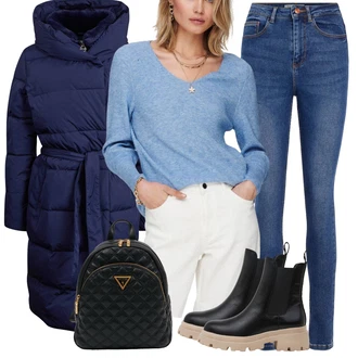 Zima Outfit s Tmavě modrá/Modrá Kožená bunda/Kotníková Bota/Push up Džín/Džíny s Rozparkem/Kožené Boty/Zkrácené Džíny/High Waist Džínové Kalhoty/Zimní bunda/Slim Fit Džíny Pieces "Přesně pro zimu"