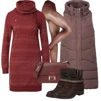 Nordijski uzorak Outfit sa Crvena/Tamnocrvena/Vinski Crveno Haljina Veći Broj Ragwear "Zimski outfit"