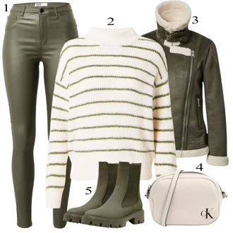 Kratka outfit mit Temno zelena Prehodna Jakna/Motoristična jakna/Letalska Jakna/Jakna s Stransko Zadrgo/Jakna iz Ovčje Kože Only "Zimski outfit"