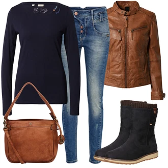Outfity z džínu Mom Posilování s Tmavě modrá Pletený top/Pletené tričko/Košile s dlouhým rukávem/Dlouhá košile/Košilový top/Roláková Košile Ragwear "Outfity na zimu"Look: Emo, Námořní, Mom, Kancelář, Krasobruslení, Posilování