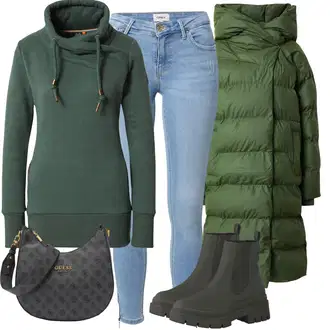 Layered Outfit s Zelená/Tmavě zelená Zimní Kabát/Přechodový Kabát/Parka/Dlouhý Péřový Kabát/Dlouhý Zimní Kabát/Péřový Kabát Noisy may "Outfity na zimu"Look: Hip Hop, Layered, Mom, Venkovní, Nadrozměrné