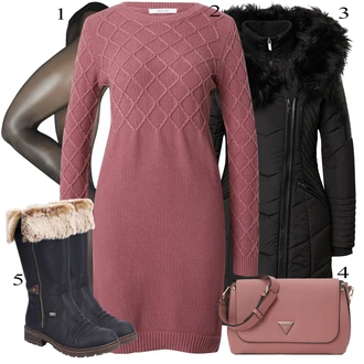outfit mit Roza/Škrlatna/Rdeča/Vinsko rdeča Obleka velike velikosti/Tunika/Pletene velika velikost About You "Zimski outfit"
