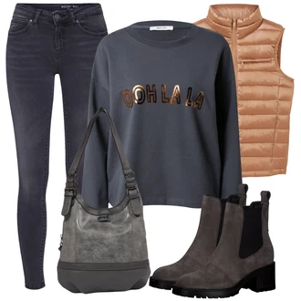 Outfit sa Smeđa/Tamnoplava/Siva/TamnoSiva/Bež Čizmica Kožna Jakna/Chelsea Gležnjača Tamaris "Zimski outfit za slobodno vrijeme"