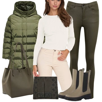 Outfit s Tmavě zelená/Hnědá/Šedá/Khaki Klobouk Bandana/Šál Guess "Perfektní na zimu"