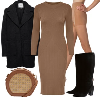 Zapínání na knoflíky Outfit s Hnědá Zimní Pletené Šaty/Šaty na Podzim/Svetrové Šaty/Šaty S Rolákem/Dlouhé pletené šaty JdY "Perfektní na zimu"