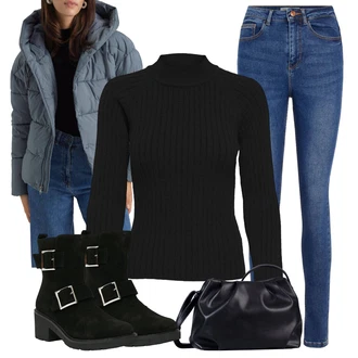 Zima Outfit s Tmavě modrá/Modrá Kožená bunda/Kotníková Bota/Push up Džín/Džíny s Rozparkem/Kožené Boty/Zkrácené Džíny/High Waist Džínové Kalhoty/Zimní bunda/Slim Fit Džíny Pieces "Perfektní na zimu"