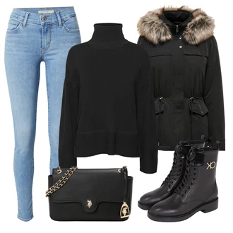 Outfit sa Crna/Zeleno Čizmica Podstavljena Gležnjača/Čizma s patentnim zatvaračem/Borbena Čizma/Ravna Gležnjača/Kožna gležnjača/Motociklistička čizma/Gležnjača na Vezanje Calvin Klein "Savršen za zimu"