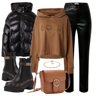 Prevelik, Vintage Outfit sa Siva/Pink/Zeleno Kožna Jakna/Chelsea Gležnjača/Gumena Gležnjača Guess "Savršen za zimu"Look: Šik, cool, Ekstravagantno, Hip Hop, Prevelik, Premium, Unisex