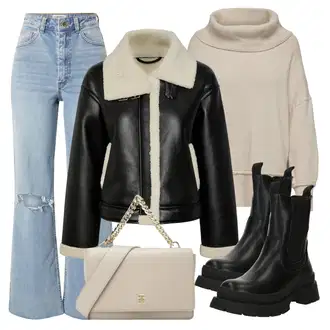 Outfit sa Crna/Krem/Bijela Kožna Bomber Jakna/Jakna od Ovčje Kože/Izuzetna jakna/Vintage Jakna/Vintage Kožna Jakna/Kožna Jakna/Jakna od Umjetne Kože Pieces "Savršen za zimu"