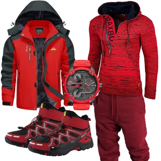 Outfit mit Rot/DunkelRot WanderJacke/TrekkingJacke/SkitourenJacke/SkiJacke/SegelJacke/OutdoorJacke/Wasserdichte Jacke KEFITEVD "Sportlich Outfit"
