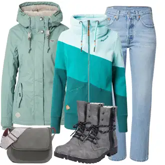 Outfit s Zelená/Světle modrá/Světle zelená/Tyrkysový Outdoorové Bundy/Lyžařská bunda/Bunda s Kapucí/Parka Přechodová Bund/Zimní Bund/Trekingová bunda/Sněhová Bund/Jarní bunda/Snowboardová Bund/Zimní Parka/Turistická bunda Ragwear "Sportovní zimní outfit"