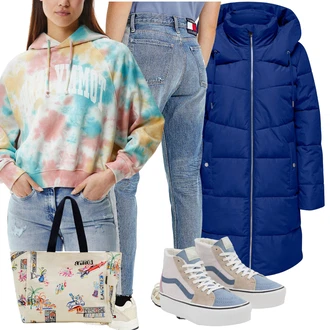 Sk8-Hi Outfit s Světle modrá/Fialová/Béžová/Vícebarevný/Hnědá/Bílá Teniska s dírkovaným vzorem/Nízká Teniska/Plátěná teniska/Teniska na platformě/Skate Bota/Teniska teddy/Letní tenisky/Vintage teniska Vans "Sportovní zimní outfit"