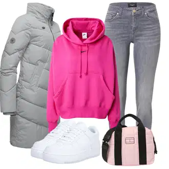 Outfit s Šedá/Světle šedá Zimní Kabát/Péřový Kabát/Dlouhý Zimní Kabát/Prošívaný kabát/Dlouhý Péřový Kabát/Kabát s Kapucí/Lehký Kabát Ragwear "Sportovní zimní outfit"