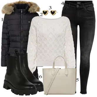 Black Outfits Off-Shoulder mit Bež/Rjava/Khaki Pisarniška torba/Vrečka za prenašanje/Nakupovalka/Poslovna torba/Velika torba Tommy Hilfiger "Zimski outfit"