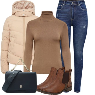 Outfit s Hnědá/Béžová Chelsea Boty/Kožená bunda/Plochá Kotníková Bota/Jezdecká Bota Mustang "Outfity na zimu"