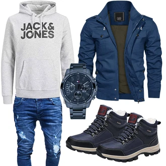 Elegant Outfit mit Dunkelblau/Blau/Hellblau Wasserdichter Stiefel/Wasserdichter Outdoorschuh/Wasserfester Schuh/Winter Sneaker/Trekkingstiefel/Herren Lederschuhe ARRIGO BELLO "Street Style Outfit"Look: Outdoor, Workwear, Sportlich, Unisex, Casual, Smart Casual, Elegant
