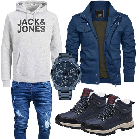 Dunkelblau/Blau/Hellblau Wasserdichter Stiefel/Wasserdichter Outdoorschuh/Wasserfester Schuh/Winter Sneaker/Trekkingstiefel/Herren Lederschuhe ARRIGO BELLO kombinieren mit Grau Hose Jack & Jones