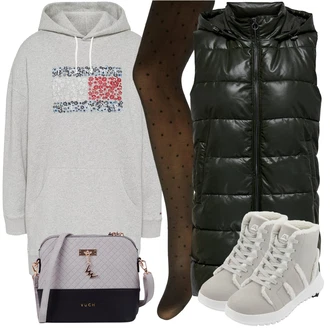 Outfit s Černá/Tmavě hnědá/Khaki Síťovaná punčocha/Punčocháče Velká Velikost/Punčocháče/Síťovaný punčocháč/Podržte Punčochu/Pletená Punčocha/Samodržící Punčocha/Třpytivý punčocháč/Vlněný punčocháč Pieces "Stylový zimní outfity"