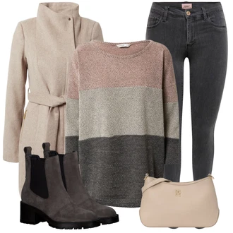 Outfit s Šedá/Tmavě šedá/Tmavě modrá/Hnědá/Béžová Kozačka Kožená bunda/Chelsea Boty Tamaris "Outfity na zimu"