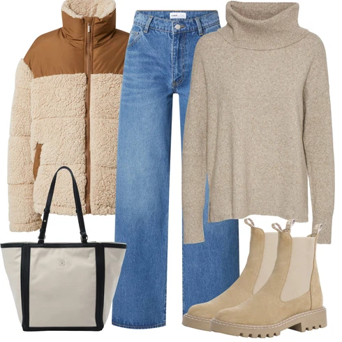 Kombinace Modrá/Světle modrá Zvonová Kalhoty/Lacláč/Kalhoty s dírou/Boyfriend Kalhoty/Široká Kalhoty/Kalhoty Bootcut/Kalhoty s Vysokým Pasem/Kalhoty se Štěrbinou millane kombinovat s Hnědá/Šedá/Béžová Sveter Kašmírový Svetr/Vodopádový Svetr/Kašmírový Svetr/Jednoduchý Svetr/Rolák/Vlněný Svetr/Svetr s límečkem VERO MODA