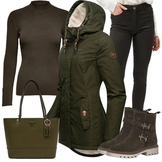Outfit s Tmavě Zelená/Zelená Bunda s Kapucí/Bunda s Bočním Zipem/Vosková Bunda/Vojenské Bund/Bundeswehr Parka/Outdoorové Bundy/Trekingová bunda/Funkční Bunda/Podzimní bunda Ragwear "Trendový zimní vzhled"