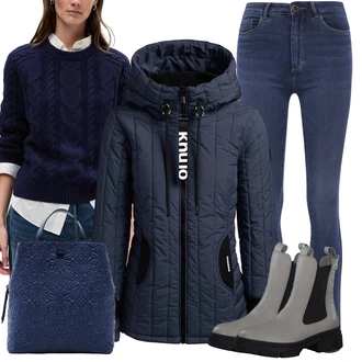 Pravá Kůže Outfit s Šedá/Světle šedá/Hnědá/Béžová Chelsea Boty/Gumová Kotníková Bota/Kožená bunda Tamaris "Trendový zimní vzhled"