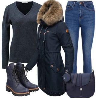 Zima Outfit s Tmavě modrá/Modrá Kožená bunda/Kotníková Bota/Push up Džín/Džíny s Rozparkem/Kožené Boty/Zkrácené Džíny/High Waist Džínové Kalhoty/Zimní bunda/Slim Fit Džíny Pieces "Trendový zimní vzhled"