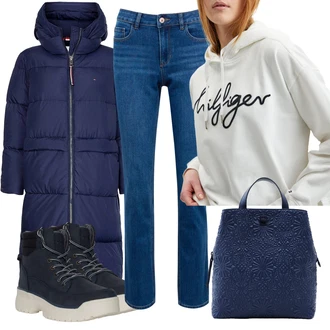 Outfity s boyfriend džínami s Tmavě modrá/Modrá/Světle modrá Zimní kotníková bota/Kožená bunda/Šněrovací Kotníková Bota/Gumová Kotníková Bota/Teniska teddy/Zimní tenisky sam 73 "Trendový zimní vzhled"