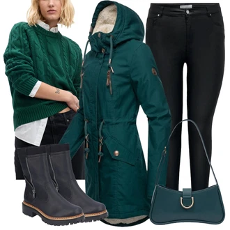 Outfit s Zelená/Tmavě Zelená/Tyrkysový Zimní Parka/Zimní Bund/Outdoorové Bundy/Vosková Bunda/Parka Přechodová Bund Ragwear "Trendový zimní vzhled"