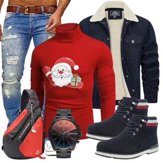 Outfit mit Dunkelrot/Rot Rollkragenpullover/Weihnachtspullover COOFANDY "Weihnachts Outfit"