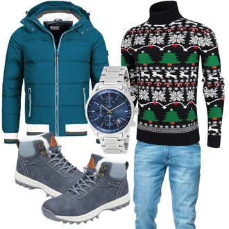 Outfit mit Schwarz/Mischfarben/Gelb/Weiß/Braun Wollpullover/Norweger Pullover/Winterpullover/Weihnachtspullover AIDEAONE "Weihntachts Outfits"